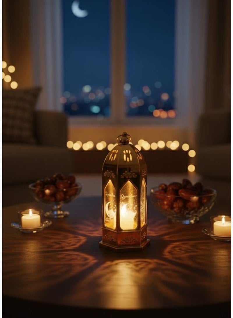 سي او أرماء فانوس رمضان ذهبي،مزخرف بنقوش إسلامية، ديكور رمضاني تقليدي مع مقبض للتعليق بارتفاع 13 سم - Image 4